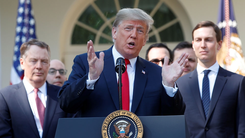 US delivers remarks on the United States-Mexico-Canada Agreement (USMCA) during a news conference in the Rose Garden of the White House [Kevin Lamarque/Reuters] 