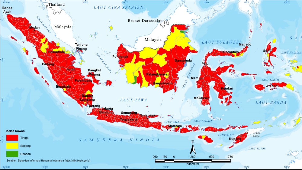 A map showing natural disaster risk in Indonesia. Areas coloured red are high risk. [National Agency for Disaster Management] 