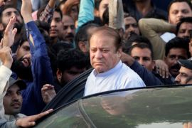 Former Prime Minister Nawaz Sharif arrives to attend funeral services for his wife, Kulsoom, in Lahore