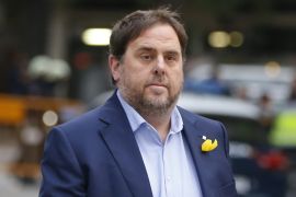 Former Catalan Vice President Oriol Junqueras arrives at the National Court for questioning by a National Court judge investigating possible rebellion charges, in Madrid, Spain, Thursday Nov. 2, 2017