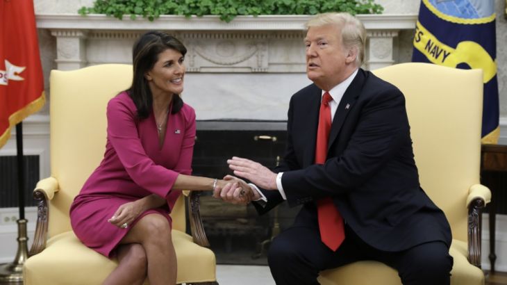 President Donald Trump meets with outgoing U.S. Ambassador to the United Nations Nikki Haley in the Oval Office of the White House, Tuesday, Oct. 9, 2018, in Washington. (AP Photo/Evan Vucci)