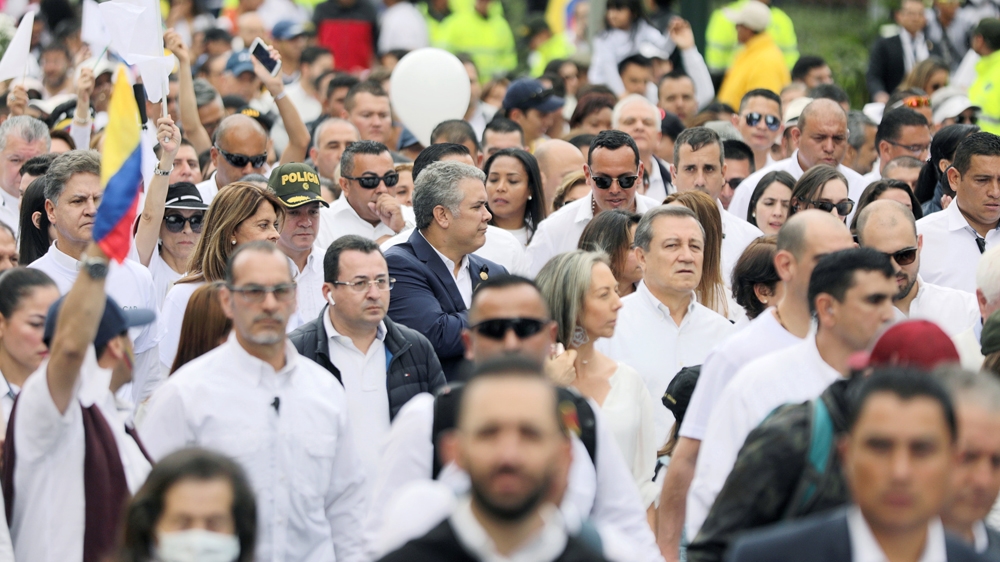 Colombia's President Ivan Duque takes part in a rally against violence [Luisa Gonzalez/Reuters]