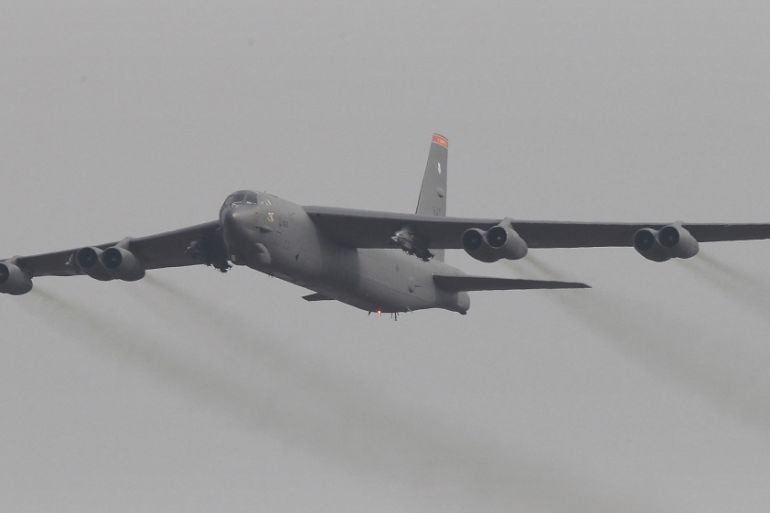 US Air Force B-52 bomber flies over Osan Air Base in Pyeongtaek, South Korea.