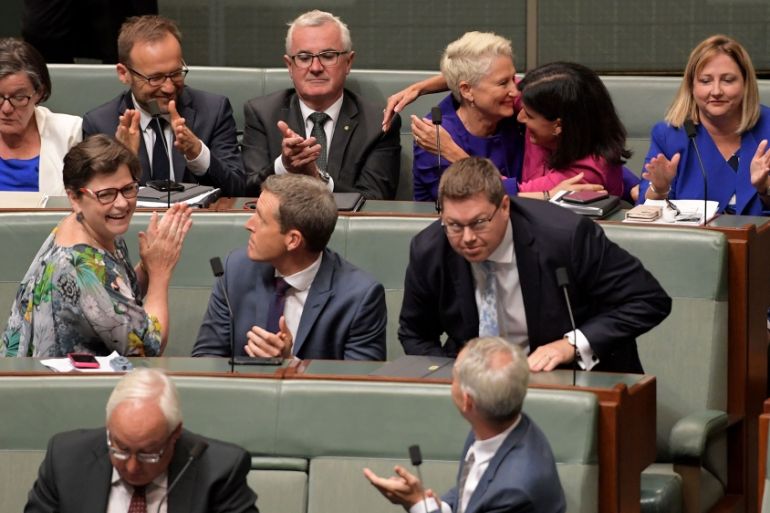 Independents (L to R) Cathy McGowan, Adam Bandt, Andrew Wilkie, Kerryn Phelps, Julia Banks and Rebekha Sharkie celebrate passing the Medivac Bill in the House of Representatives on February 12, 2019