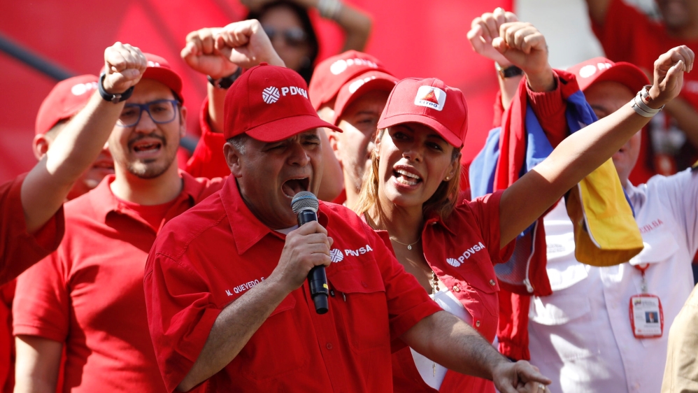 Venezuela's Oil Minister and President of PDVSA Manuel Quevedo speaks during a rally in support of the state oil company PDVSA in Caracas [File: Manaure Quintero/Reuters] 