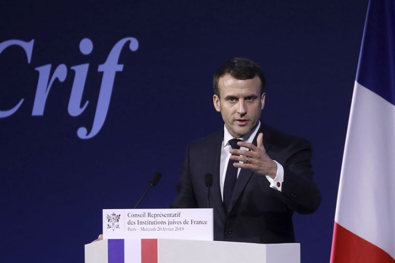 France''s President Emmanuel Macron gives a speech during the 34rd annual dinner of the group CRIF, Representative Council of Jewish Institutions of France, in Paris.
