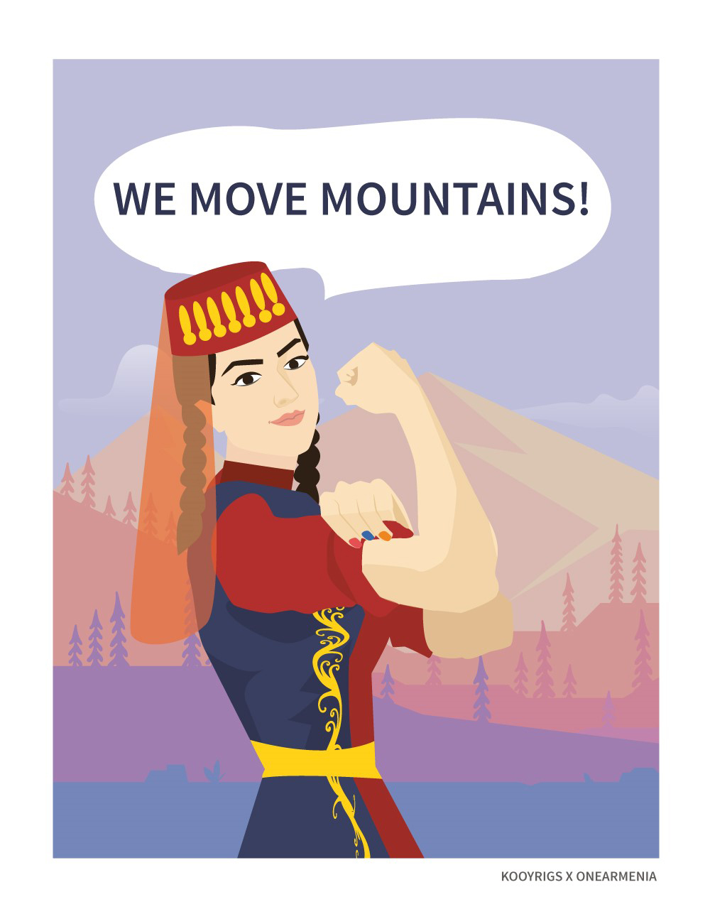 The We Move Mountains graphic created in collaboration with OneArmenia and celebrating Armenian women, with profits from print sales geared towards helping clear a minefield in Artsakh (Nagorno-Karabakh) [Karine Eurdekian/@kooyrigs/@onearmenia]