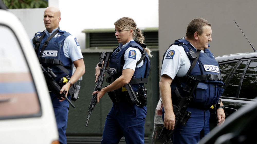 Police patrol outside the Masjid Al Noor in central Christchurch [Mark Baker/AP]