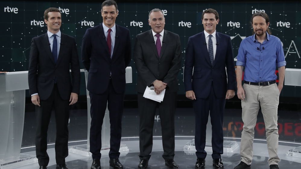 Pablo Iglesias (R), Albert Rivera (R2), Pablo Casado (L) and Pedro Sanchez (L2) [Anadolu/Burak Akbulut]