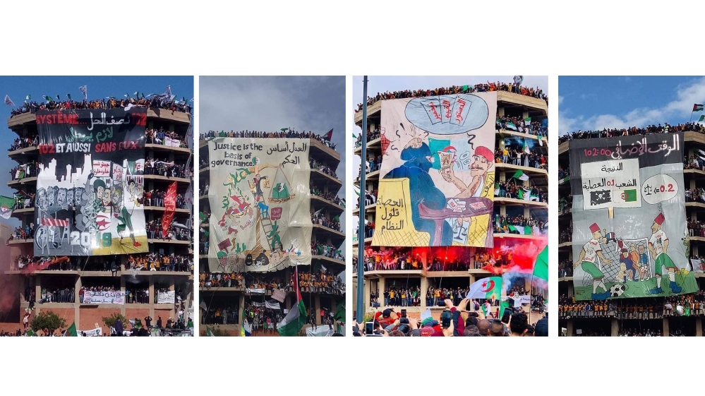 The group behind the initiative says one banner hung from the building does a better job of conveying their message than a thousand of them on the streets [Maher Mezahi/Al Jazeera] 