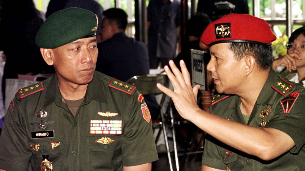 Wiranto, then military commander general, and Prabowo Subianto, then chief of the strategic command pictured together in 1997. Both have been accused of human rights abuses. Wiranto was appointed to the Cabinet in 2017 while Prabowo is running for president for a second time [Enny Nuraheni/Reuters]