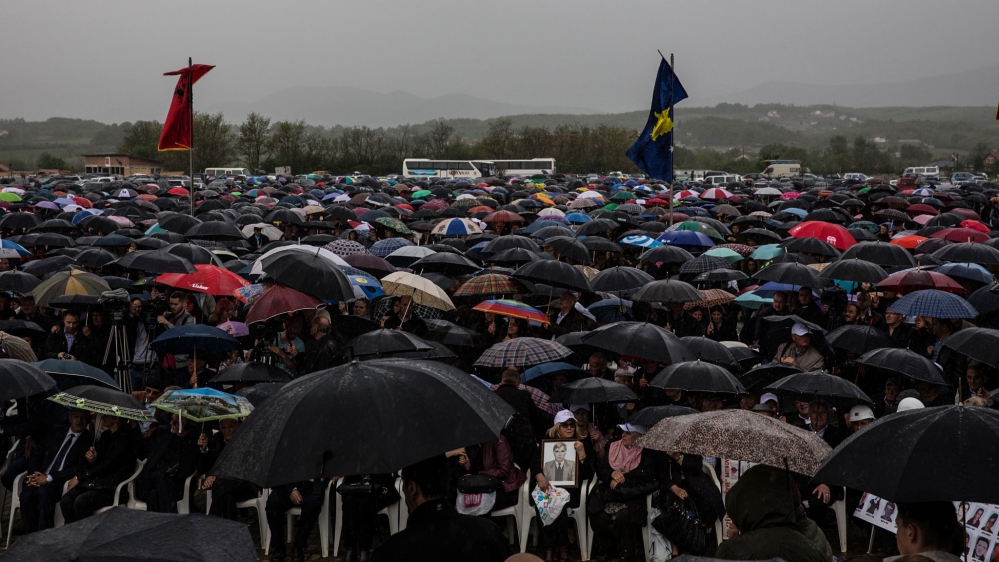 Hundreds of people pay homage at the Meja memorial complex in western Kosovo on the 20th anniversary of the massacre [Valerie Plesch/Al Jazeera]