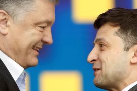 Ukraine''s presidential candidates Petro Poroshenko and Volodymyr Zelenskiy attend a debate in Kiev
