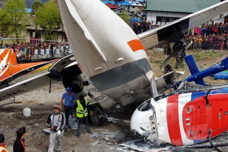 The site of an airplane crash is pictured in Lukla