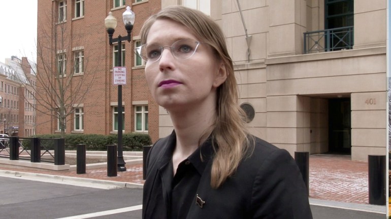 FILE PHOTO: Chelsea Manning speaks to reporters outside the U.S. federal courthouse shortly before appearing before a federal judge and being taken into custody for contempt of court in Alexandria, Vi