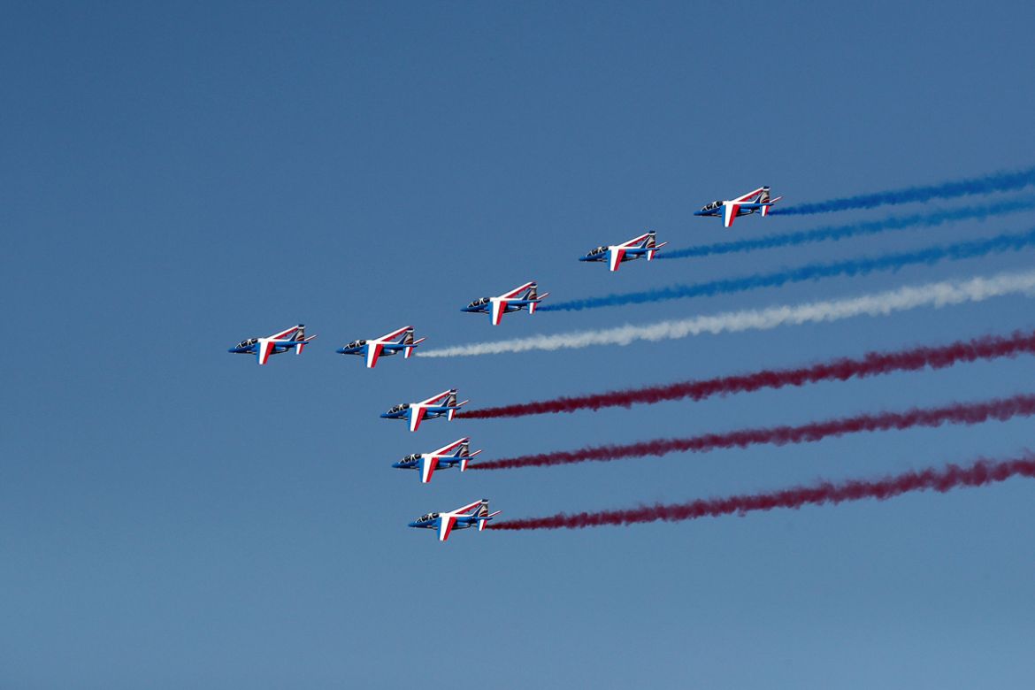 Alpha jets from the French Air Force Patrouille de France fly during the inauguration of the 53rd International Paris Air Show at Le Bourget Airport near Paris, France, June 17, 2019. REUTERS/Benoit T