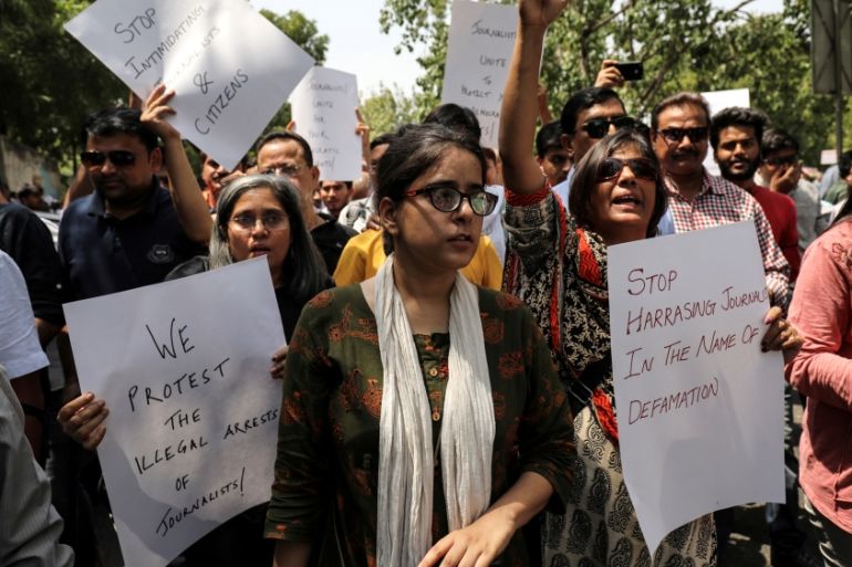 FILE PHOTO: Jagisha Arora takes part in a protest with media members in New Delhi