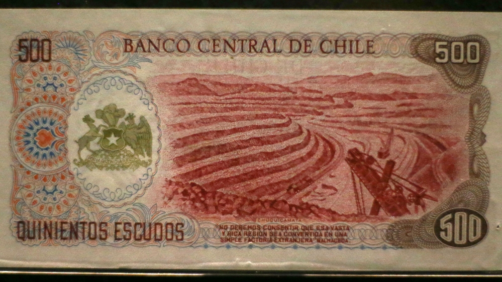 A bill, printed with the open pit of Chuquicamata copper mine, is displayed at the money museum of Chile's Central Bank headquarters in Santiago