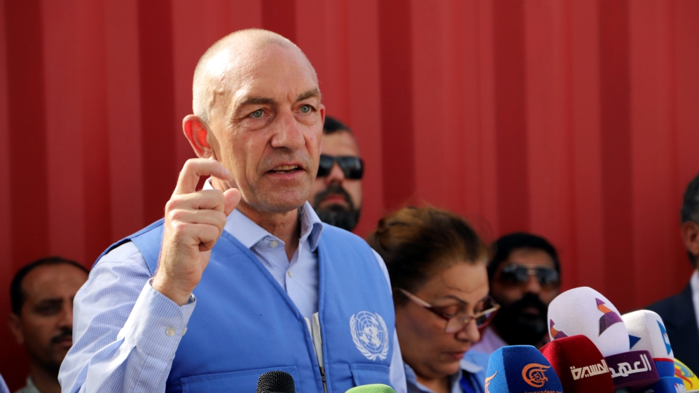 Lieutenant General Michael Lollesgaard, head of the U.N.'s Redeployment Coordination Committee (RCC) speaks during a news conference in the Hodeida port