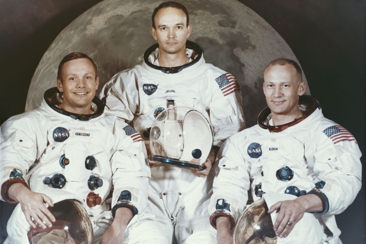 "The three crew members of NASA''s Apollo 11 lunar landing mission - Commander Neil Amstrong, Command Module Pilot Michael Collins and Lunar Module Pilot Edwin ''Buzz'' Aldrin JR - pose for a group port