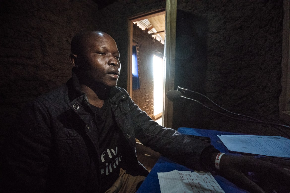 Anyozo Omani runs the radio station in Komanda which broadcasts to nearly 30,000 people in the area. Radio journalists are critical in helping to spread Ebola prevention messages and songs on the airw
