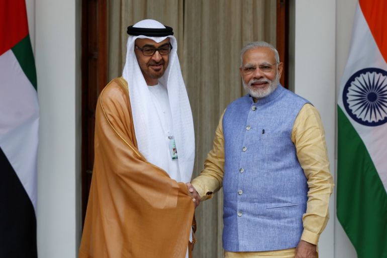 Sheikh Mohammed bin Zayed al-Nahyan, Crown Prince of Abu Dhabi shakes hands with India''s Prime Minister Modi during a photo opportunity ahead of their meeting at Hyderabad House in New Delhi
