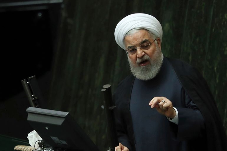 Iranian President Hassan Rouhani speaks at a session of parliament to debate his proposed tourism and education ministers, in Tehran, Iran, Tuesday, Sept. 3, 2019. Rouhani said European nations are fa