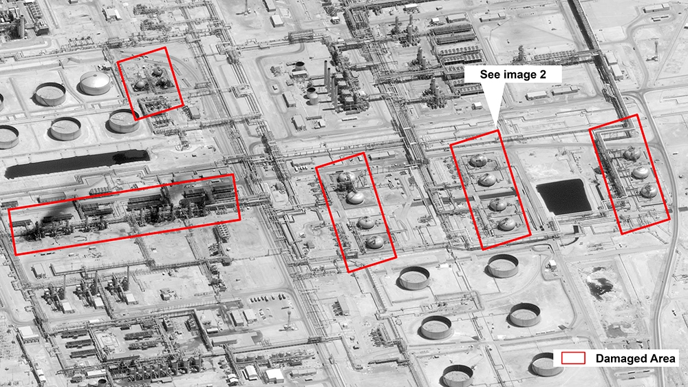 This image provided on Sunday, Sept. 15, 2019, by the U.S. government and DigitalGlobe and annotated by the source, shows damage to the infrastructure at Saudi Aramco's Abaqaiq oil processing facility