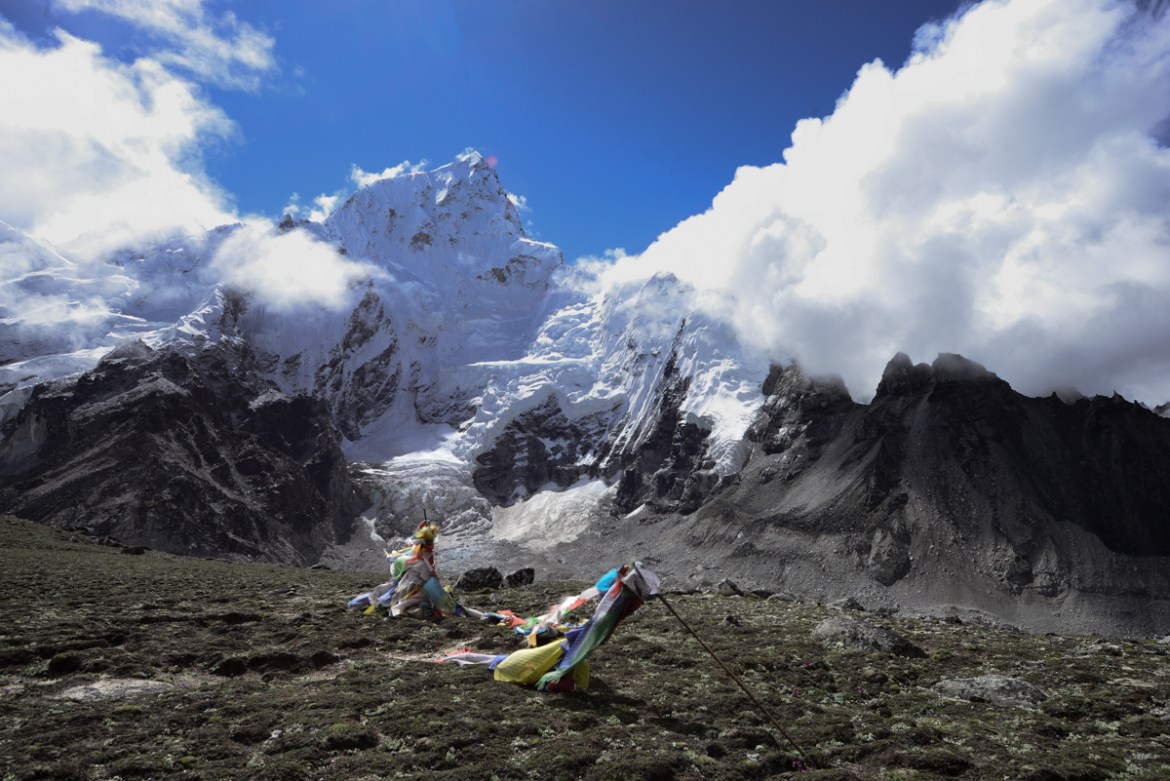 Everest Base Camp stretches for several hundred metres along the edge of the Khumbu Glacier and is in a state of retreat. “The height of the ice is lower now than ten years ago. It’s very visible,” sa