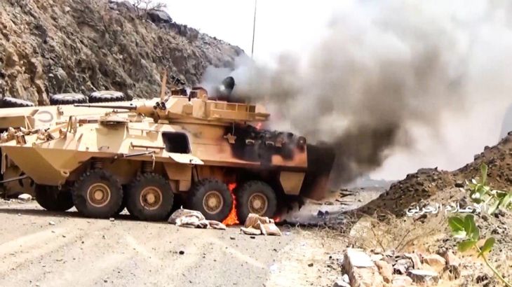 This image grab taken from a handout video released by Ansarullah, the Huthi rebels fighting the Saudi coalition in Yemen, on September 29, 2019, allegedly shows a military vehicle on fire in an Augus