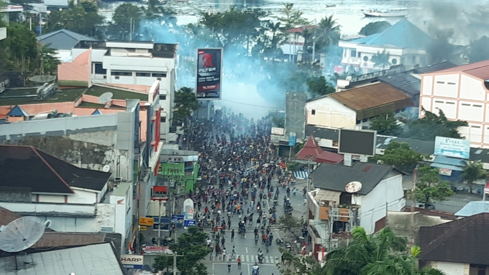 A general view of clashes during a protest in Jayapura, Papua