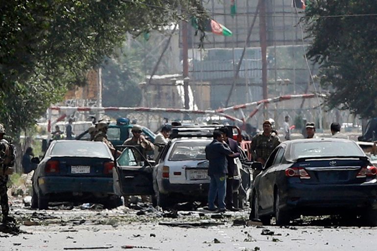 Afghan security forces inspect the scene after a suicide attack targeted a checkpoint in downtown Kabul, Afghanistan, 05 September 2019. According to reports, at least three people were killed and se