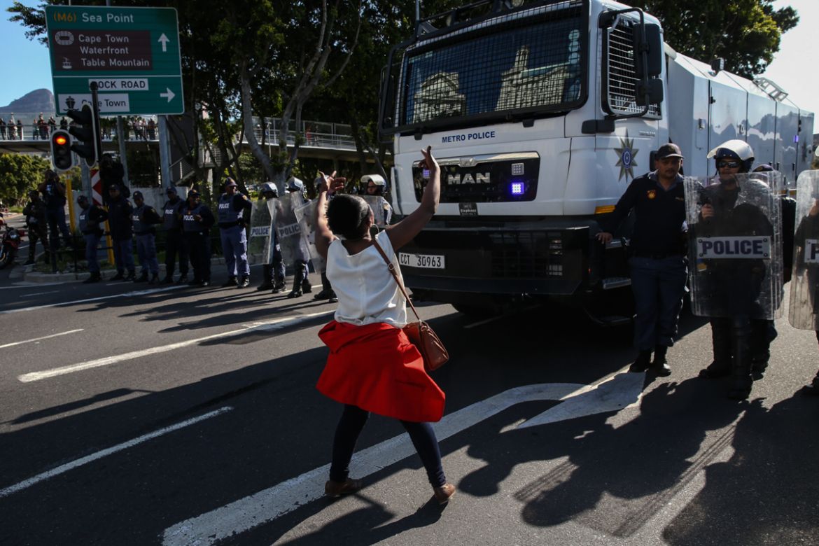 Protesters ontinue to block streets in different parts of the city near the CTICC. Through the course of the day, police would again use the water canon and stun grenades on protesters to disperse the
