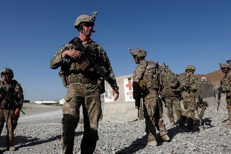U.S. troops wait for their helicopter flight at an Afghan National Army (ANA) base in Logar province, Afghanistan August 7, 2018. REUTERS/Omar Sobhani
