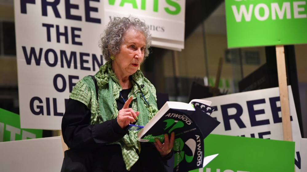 Author Margaret Atwood reads an extract during the launch of her new novel The Testaments at a book store in London, Britain