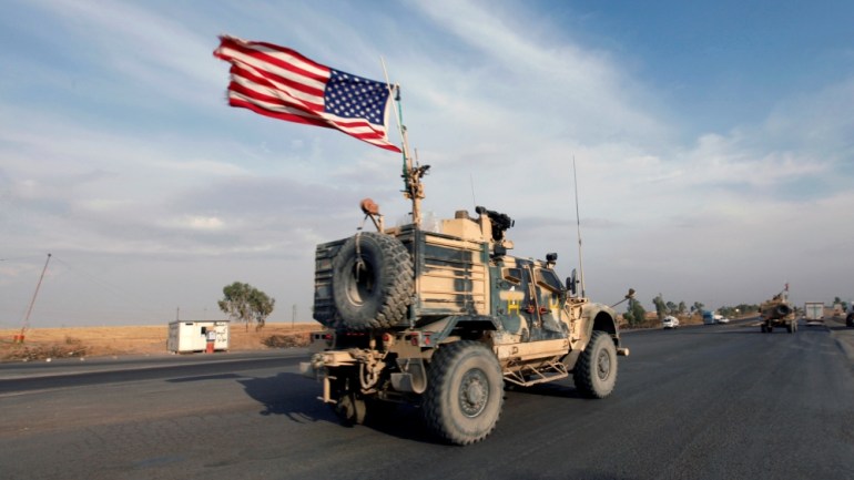 A convoy of U.S. vehicles is seen after withdrawing from northern Syria, in Erbil, Iraq October 21, 2019