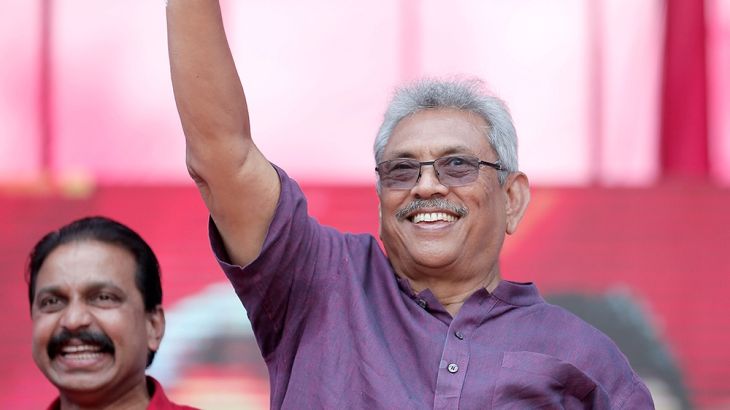 Sri Lanka People''s Front party presidential election candidate and former wartime defence chief Gotabaya Rajapaksa waves to his supporters during an election campaign rally in Bandaragama, Sri Lanka N