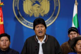 Bolivia''s President Evo Morales addresses the media at the presidential hangar in the Bolivian Air Force terminal in El Alto
