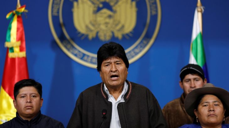 Bolivia''s President Evo Morales addresses the media at the presidential hangar in the Bolivian Air Force terminal in El Alto