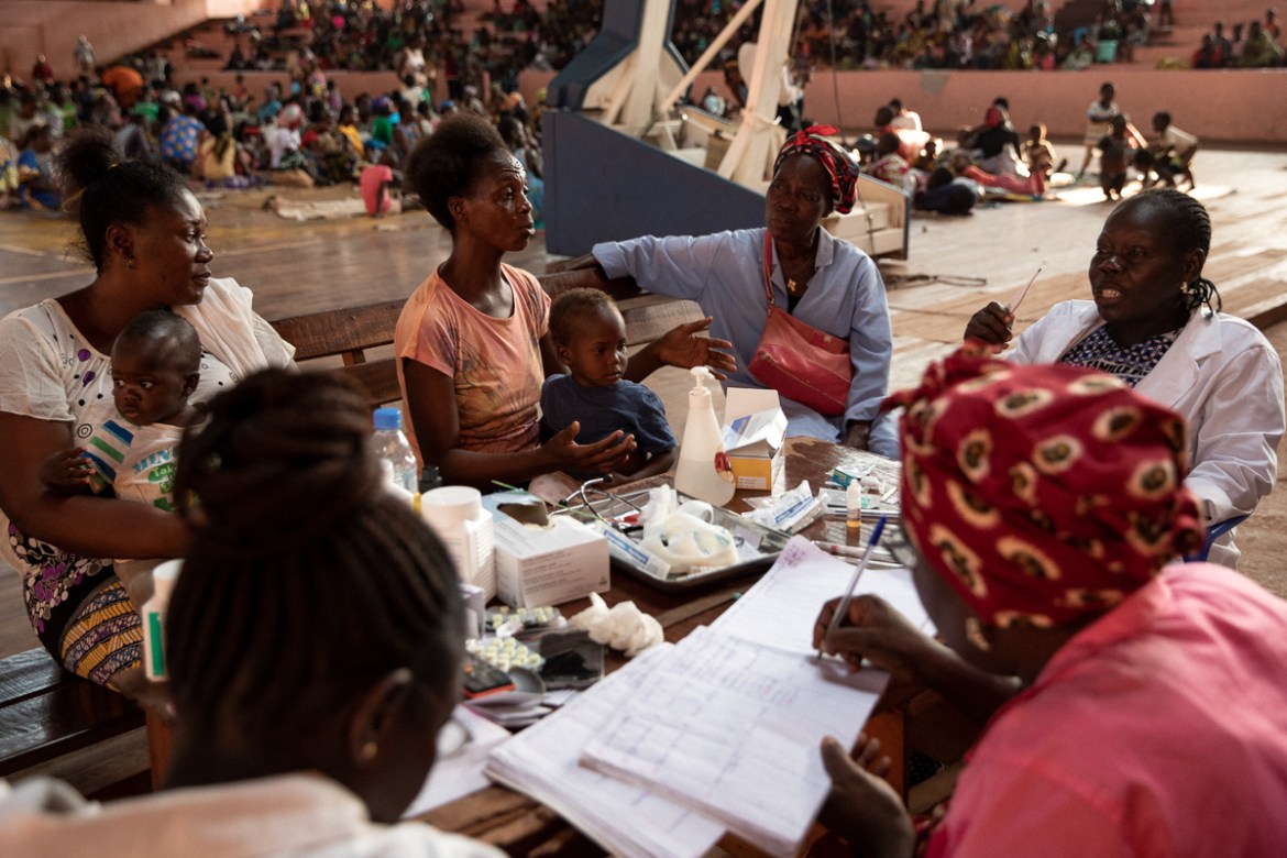 Grâce à Dieu and Abigail are two of the babies treated by the NGO Première Urgence in the Omnisport Stadium where displaced women and children have been temporarily relocated in Bangui. The medical st