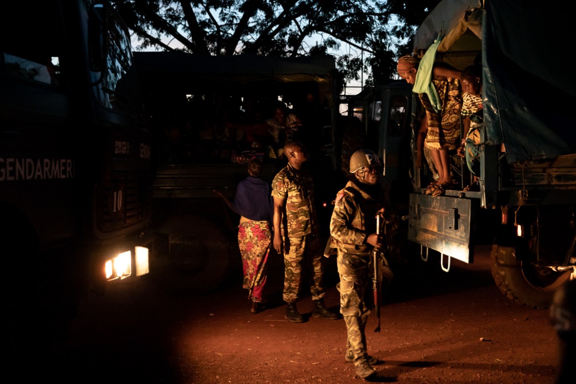 A truck carrying women and children dislodged by the floods arrived at the Omnisport stadium. 1300 people were relocated there in the wait of a more durable shelter. October 29th, 2019. Bangui, the Ce