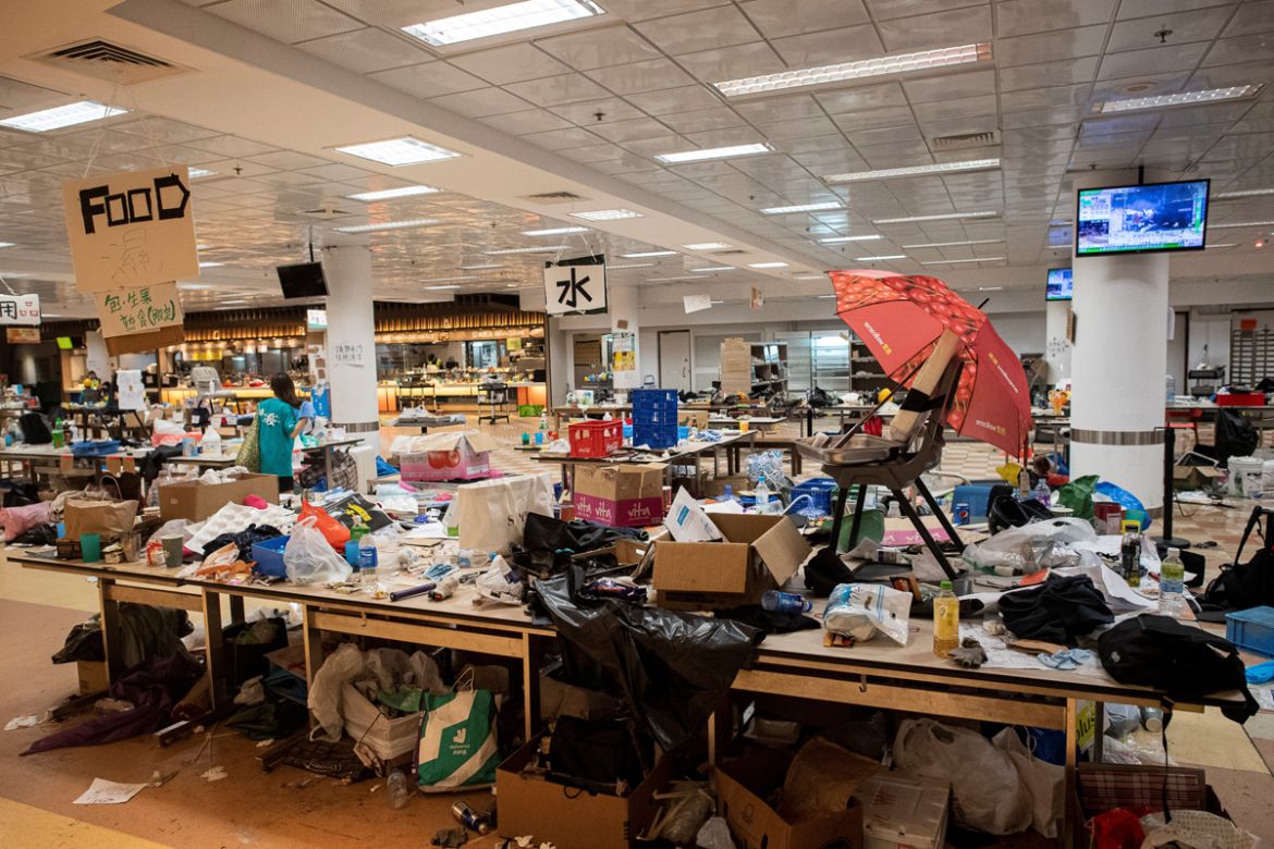 A general view shows a canteen inside the Hong Kong Polytechnic University in the Hung Hom district of Hong Kong on November 20, 2019. - A dwindling number of exhausted pro-democracy protesters barric