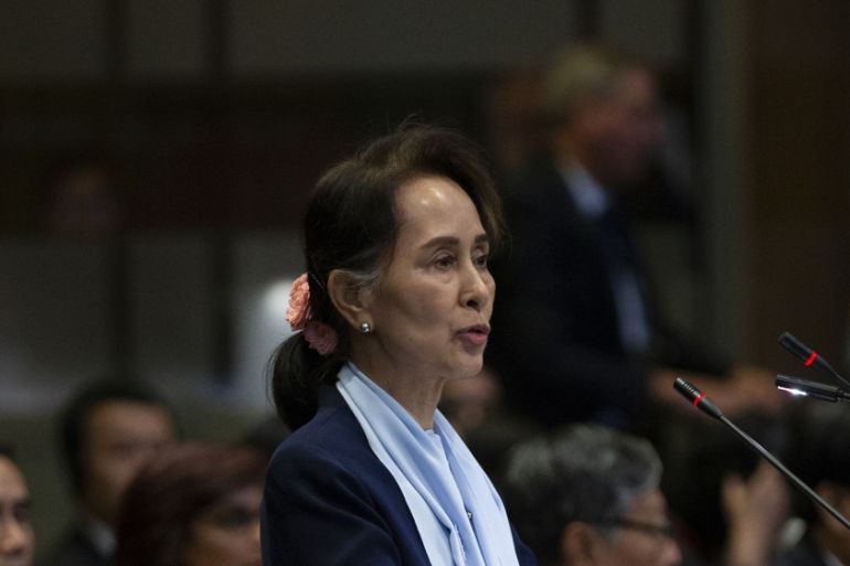 Myanmar''s leader Aung San Suu Kyi addresses judges of the International Court of Justice for the second day of three days of hearings in The Hague, Netherlands, Wednesday, Dec. 11, 2019. Aung San Suu