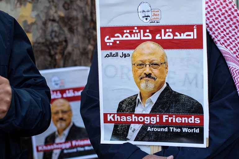 Protesters holding placards demonstrate against the killing of journalist Jamal Khashoggi outside the Saudi Arabian Embassy in London on October 26, 2018 in London, England. Mr Khashoggi, a US-based c