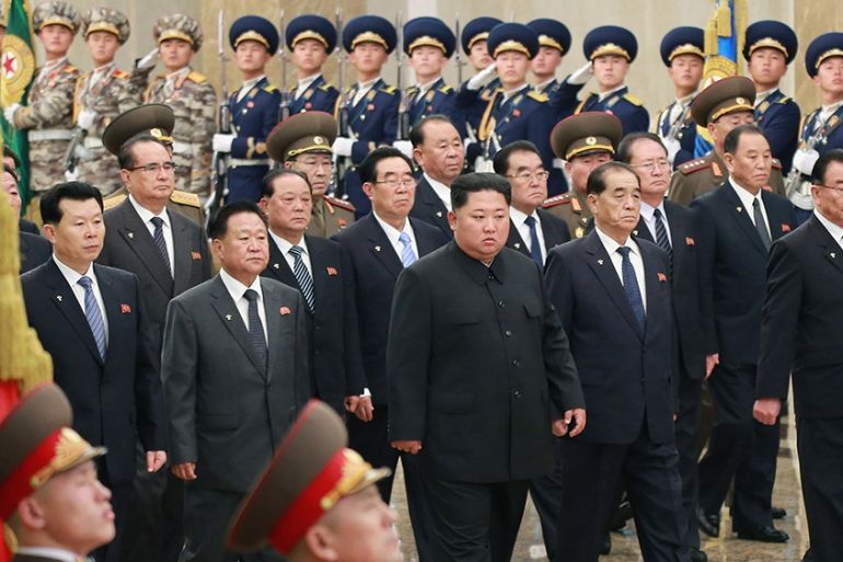 A photo released by the official North Korean Central News Agency (KCNA) shows North Korean leader Kim Jong-un (C) visiting the Kumsusan Palace of the Sun in Pyongyang, North Korea, 17 December 2019.