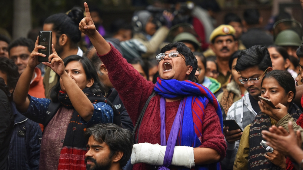 Members of Jawaharlal Nehru University Students Union (JNUSU) shout slogans during a protest against the attack on JNU, at JNU campus on January 6, 2020 in New Delhi, India. On Sunday, a mob of masked