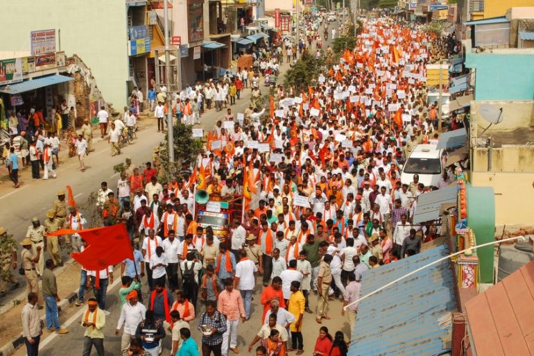 Hindu activists take part in a demonstration against a large planned statue of Jesus Christ in Ramanagar in India''s southern Karnataka state on January 13, 2020. Hundreds of Hindu activists affiliated