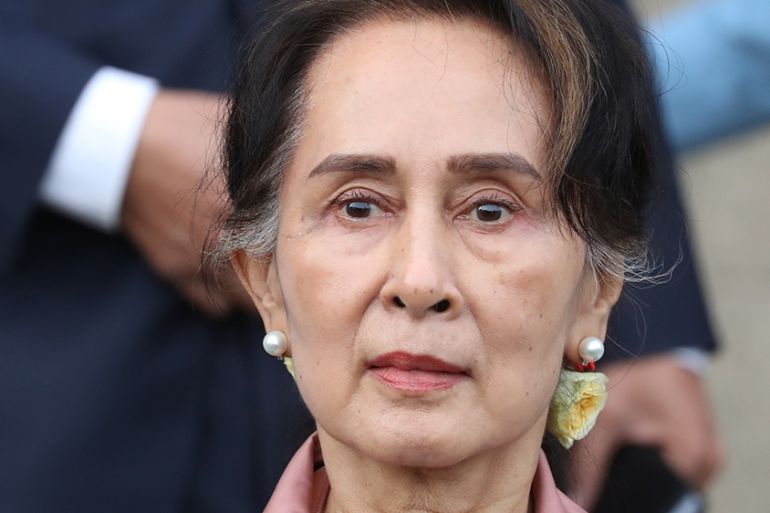 Myanmar''s leader Aung San Suu Kyi leaves after attending a hearing in a case filed by Gambia against Myanmar alleging genocide against the minority Muslim Rohingya population, at the International Cou