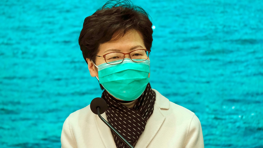 Hong Kong Chief Executive Carrie Lam wears a mask following the outbreak of a new coronavirus during an news conference, in Hong Kong, China January 28, 2020. REUTERS/Tyrone Siu