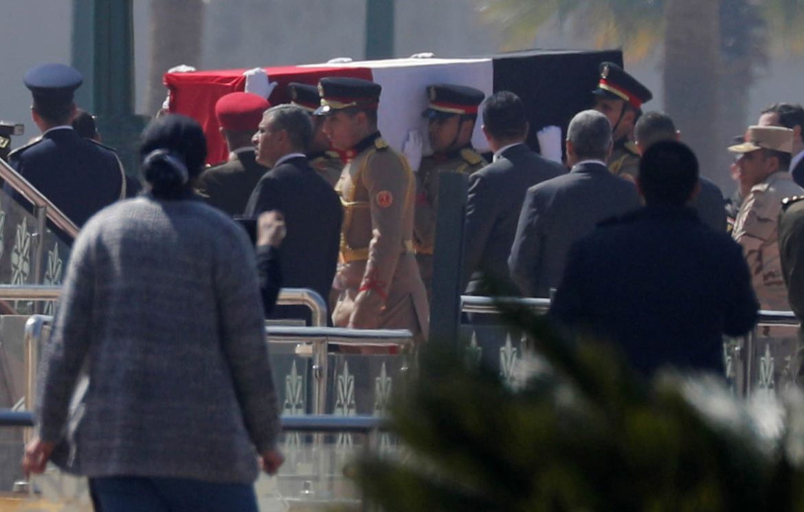 Guards carry the coffin of former Egyptian President Hosni Mubarak at Field Marshal Mohammed Hussein Tantawi Mosque, during his funeral east of Cairo, Egypt February 26, 2020. REUTERS/Amr Abdallah Dal